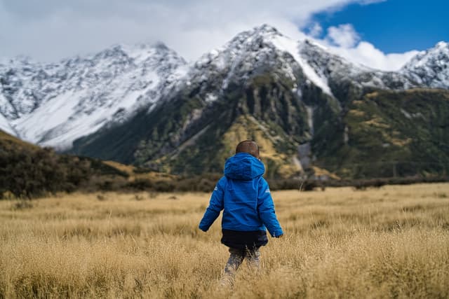 A person in a blue jacket walking through a grassy field towards snow-capped mountains under a partly cloudy sky